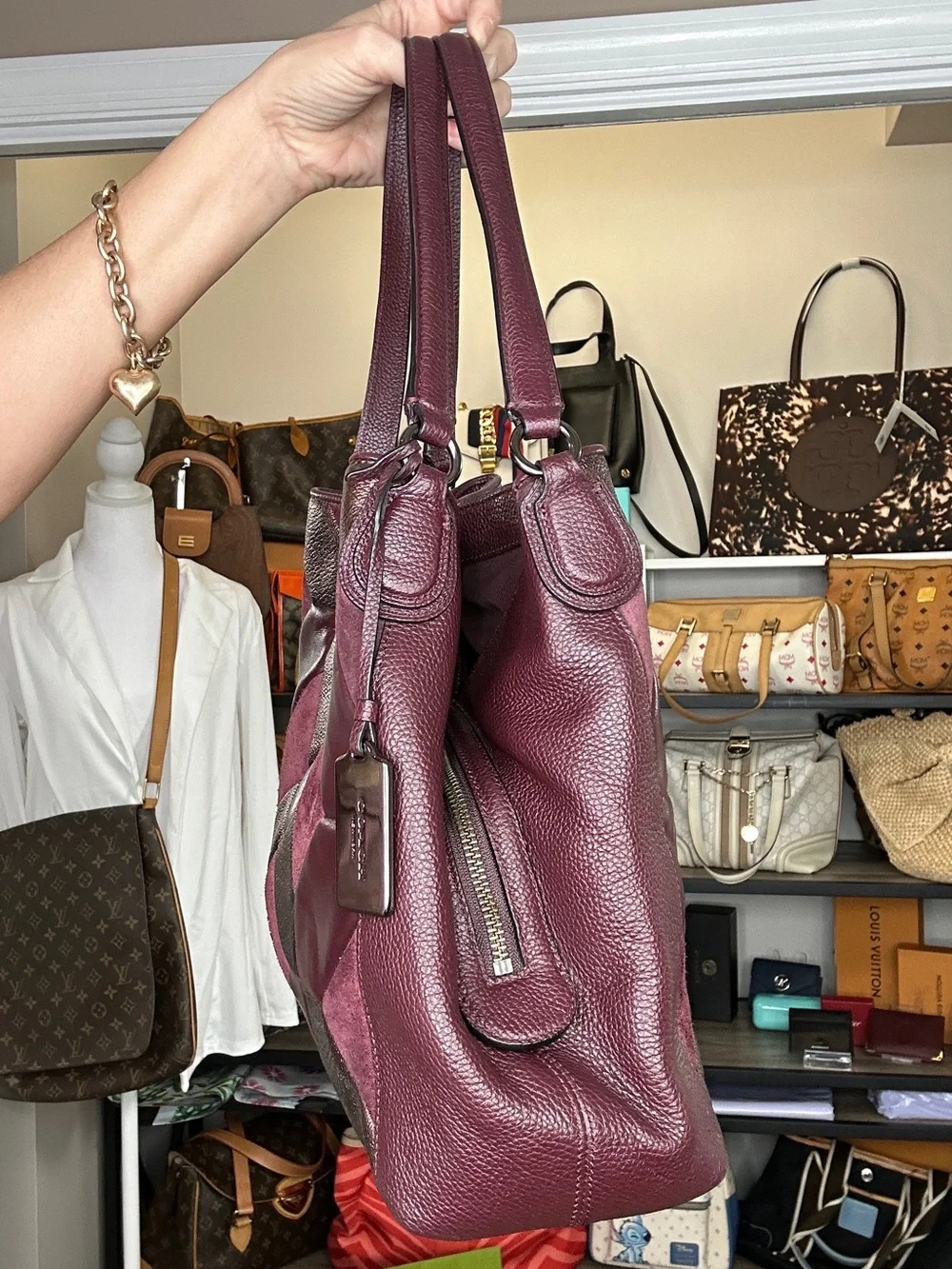 Coach Patchwork Suede & Leather Hobo Shoulder Bag 2016 Burgundy Metallic - Picture 4 of 13